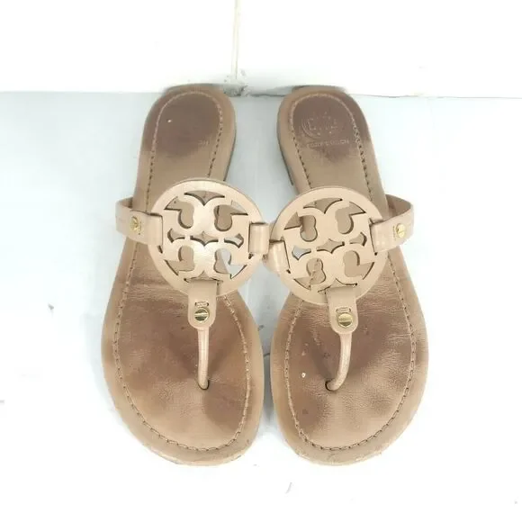 Tory Burch Women's Miller US 8,5M Light Make Up Leather Logo Flat Thong Sandals - Picture 4 of 16